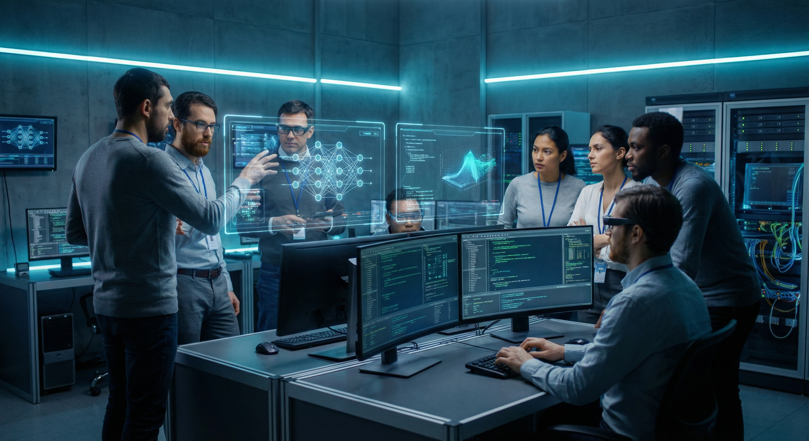 Engineers collaborating in an AI lab with holographic interfaces