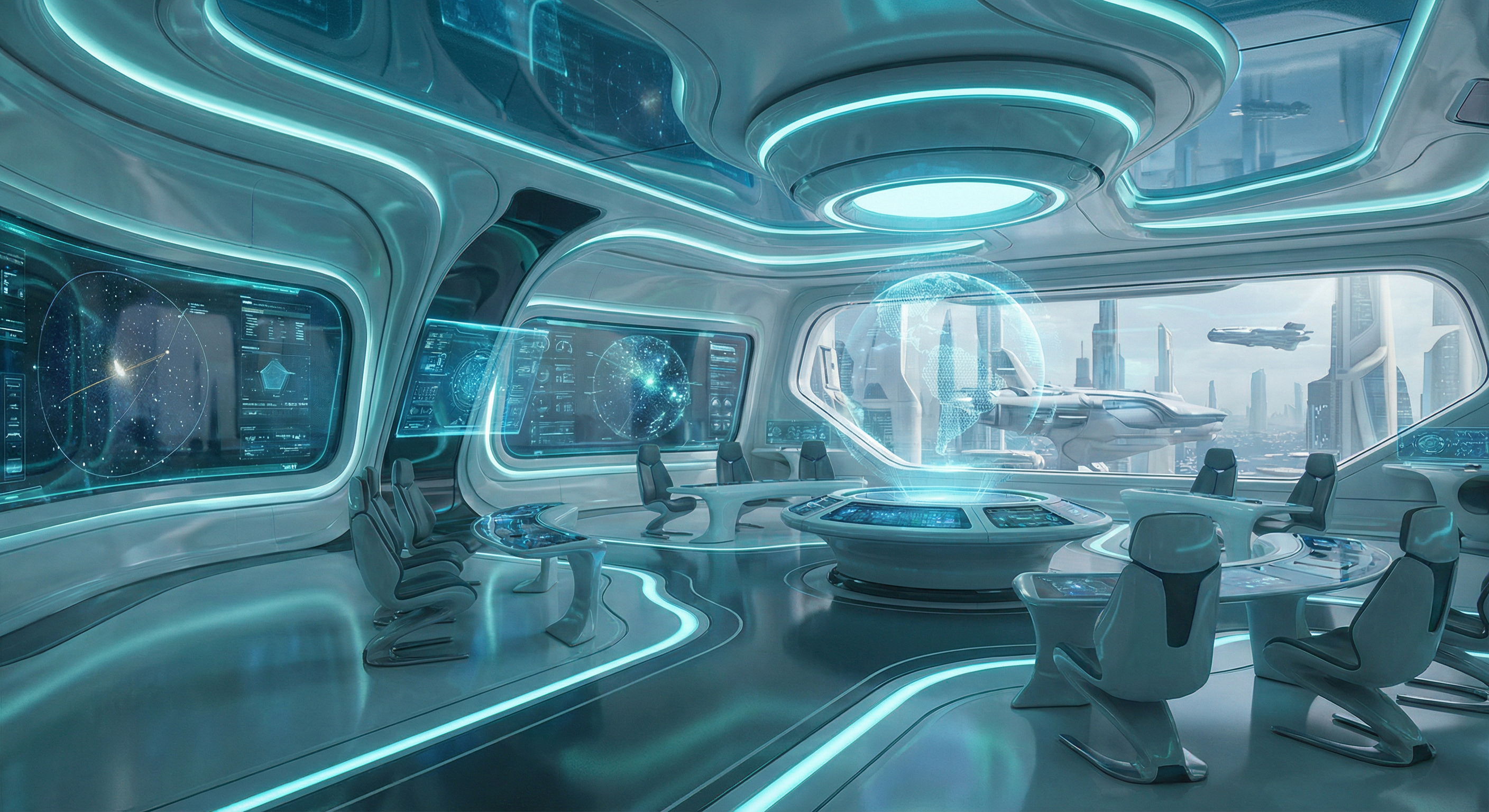 Futuristic classroom with holographic displays