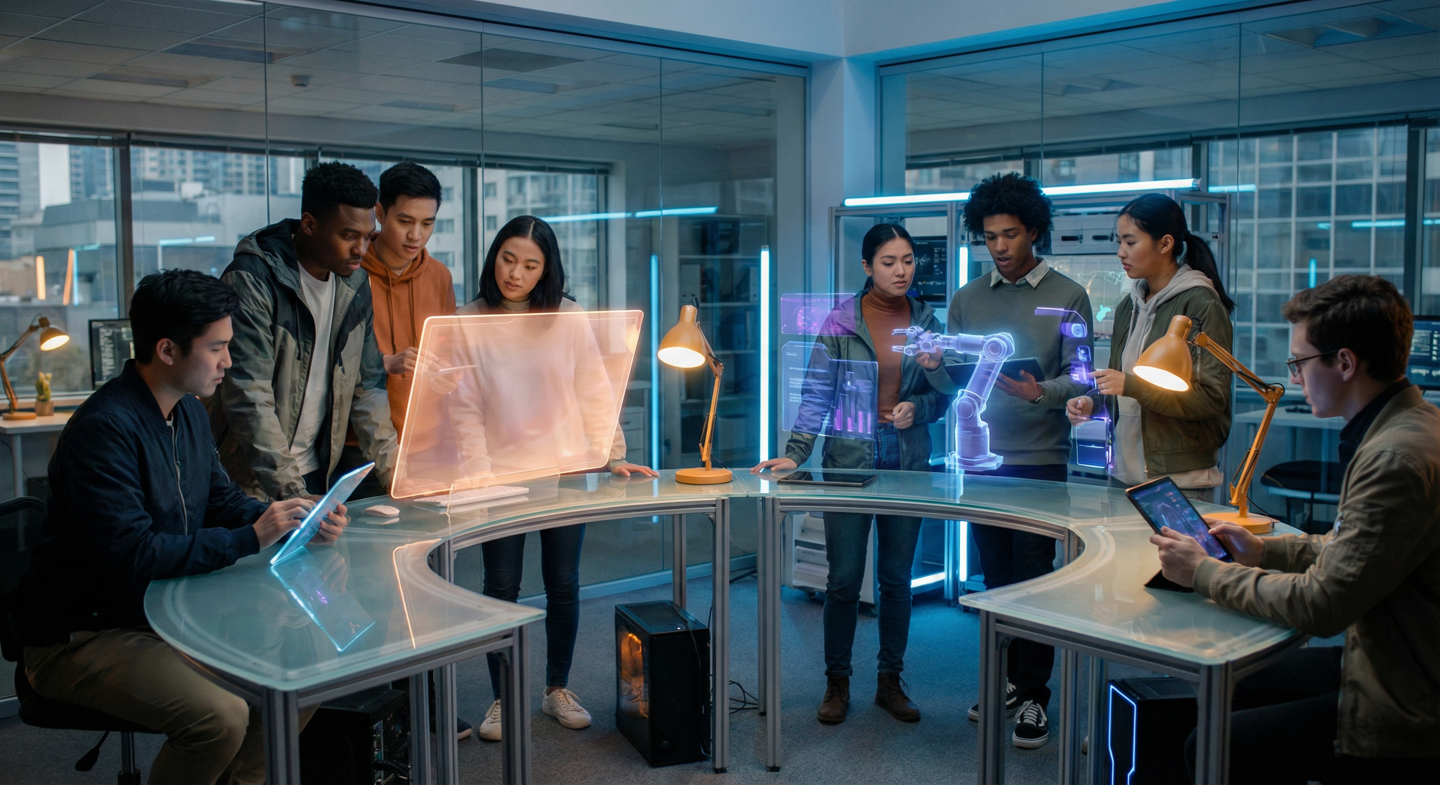 Students in a futuristic tech lab