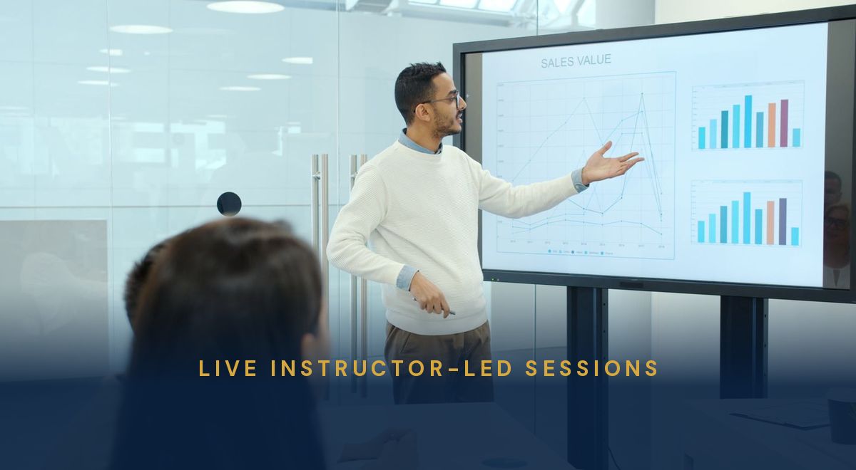 A tutor presenting a data chart on screen to a group of learners